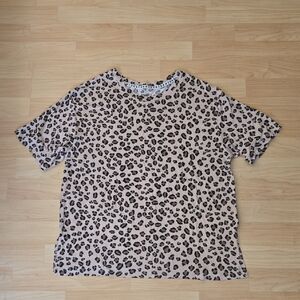 DKNY Beige and Black Leopard-Print Tee Short Sleeves 95% Viscose Size S